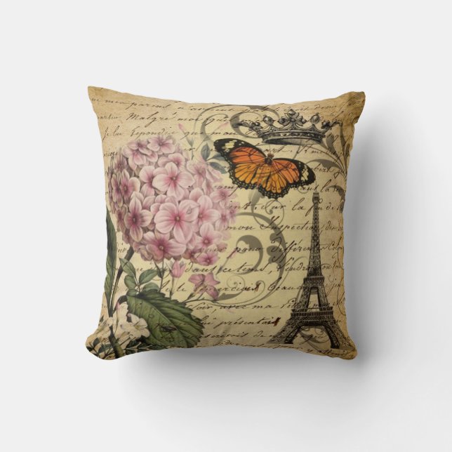 crown script hydrangea bird french botanical throw pillow (Front)