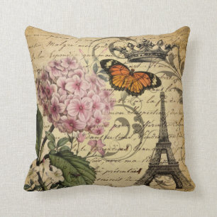 crown script hydrangea bird french botanical throw pillow