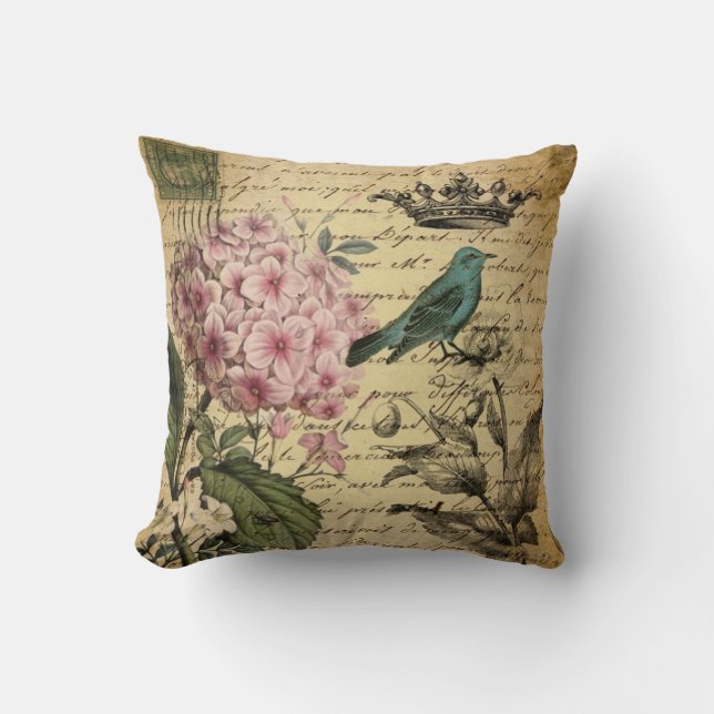 crown script hydrangea bird french botanical throw pillow (Front)