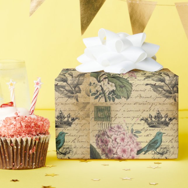 crown script hydrangea bird french botanical wrapping paper (Birthday Party)