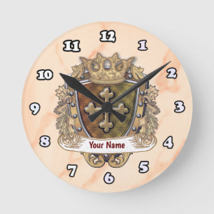 Crown Shield Family Crest Surname Round Clock