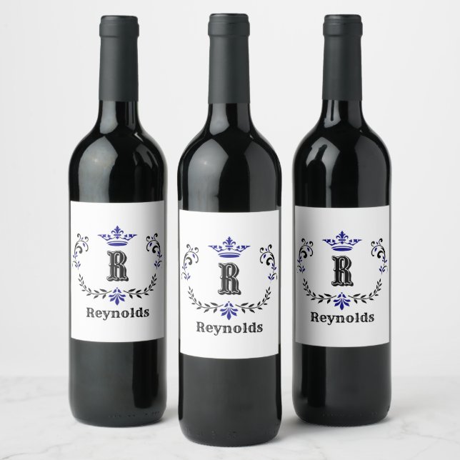 Crown Wreath Monogram 'R' Personalized Wine Label (Bottles)