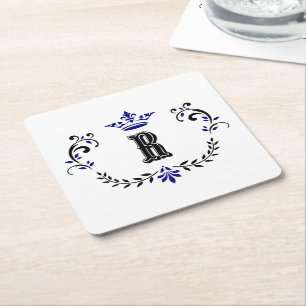 Crown Wreath Monogram 'R' Square Paper Coaster