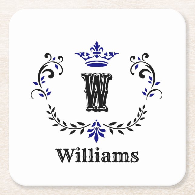 Crown Wreath Monogram 'W' Personalized Square Paper Coaster (Front)