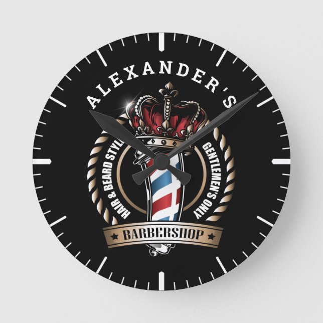 Crowned Barber Pole Logo Personalize Round Clock (Front)