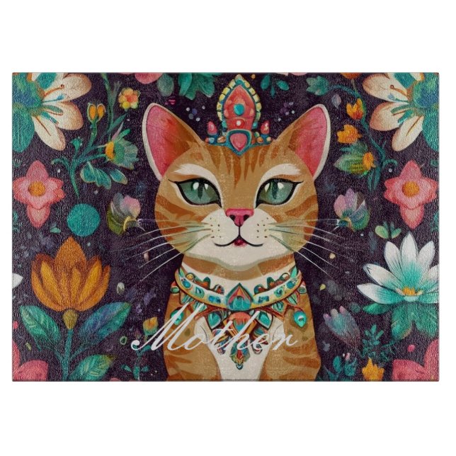 Crowned Bejewelled Cat Cutting Board (Front)