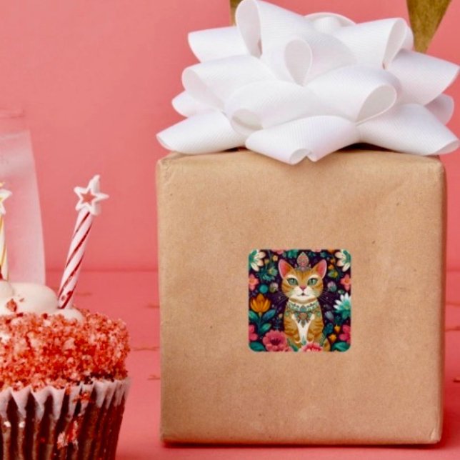 Crowned Bejewelled Cat  Square Sticker (Decorate your gifts or envelopes with this beautiful floral sticker. 
)