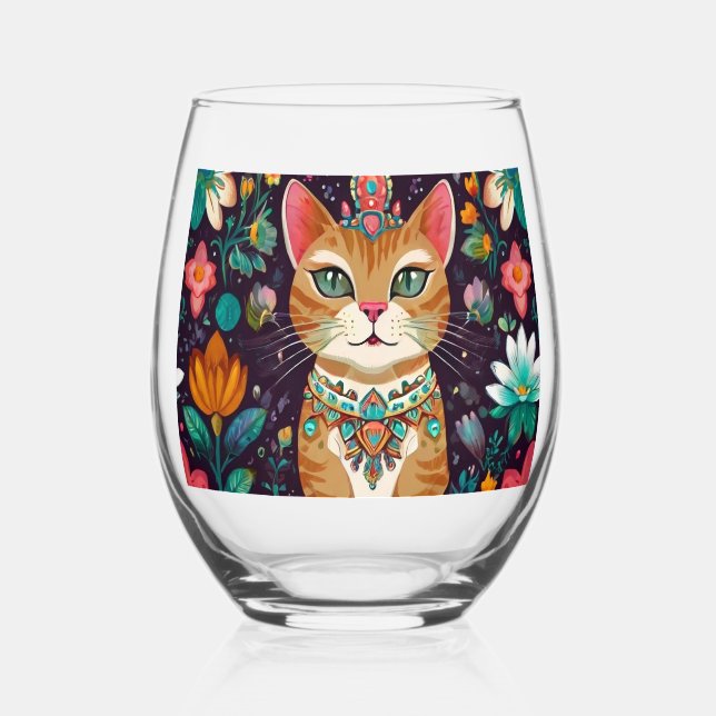 Crowned Bejewelled Cat  Stemless Wine Glass (Front)