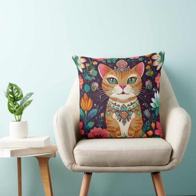Crowned Bejewelled Cat  Throw Pillow (Chair)