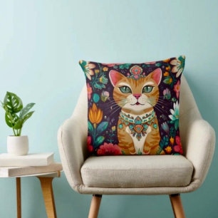 Crowned Bejewelled Cat  Throw Pillow