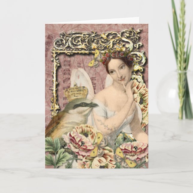Crowned Bird & Fairy - Vintage Blank Greeting Note Card (Front)
