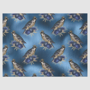 Crowned Birds with Flowers on Blue Decoupage Tissue Paper
