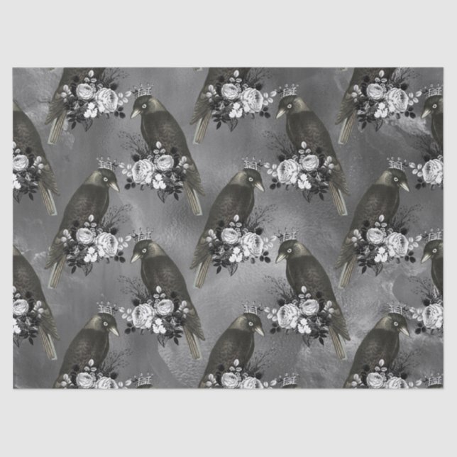 Crowned Black Birds and White Flowers on Grey Tissue Paper (Front)