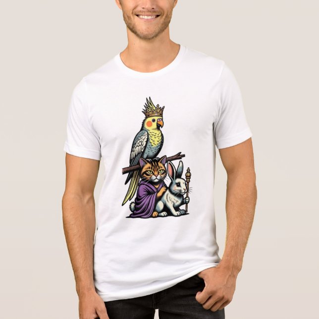 Crowned Cockatiel, Tabby Cat & Angora Rabbit, Funn Tri-Blend Shirt (Front)