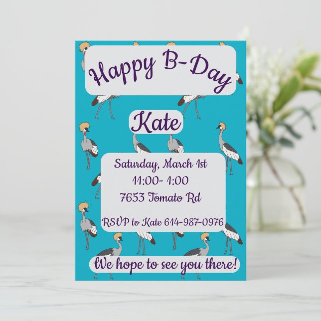 Crowned Cranes Happy Birthday Invitation (Standing Front)