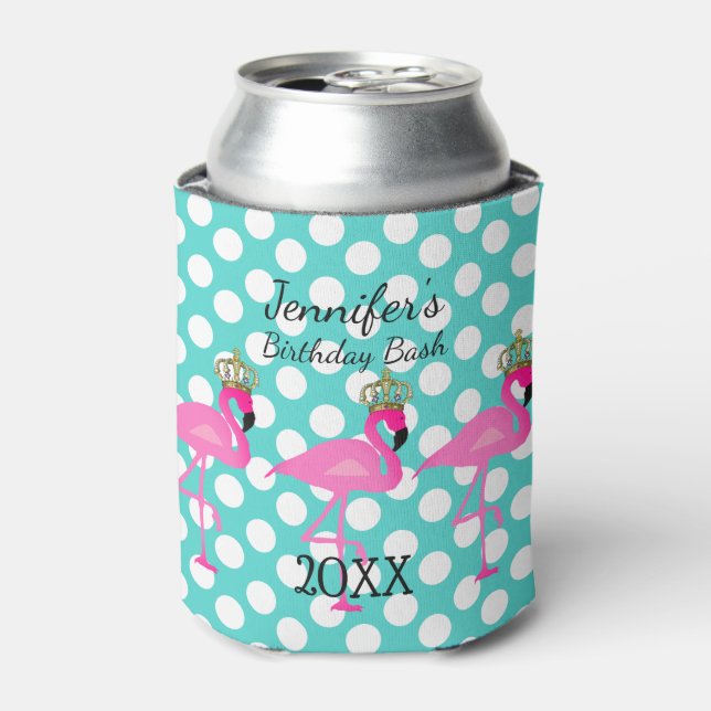Crowned Flamingo Personalized Birthday Can Cooler (Can Front)