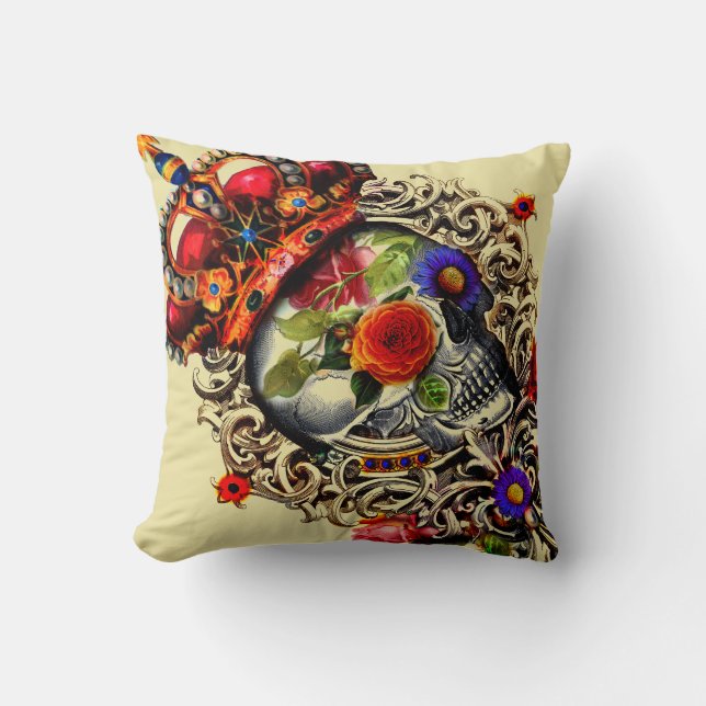 Crowned Floral Skull Throw Pillow (Front)
