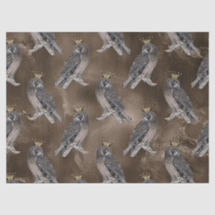 Crowned Grey Owls on Brown Decoupage Tissue Paper