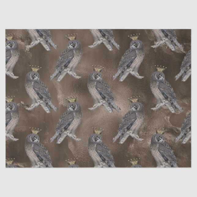 Crowned Grey Owls on Brown Decoupage Tissue Paper (Front)