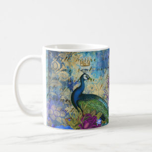 Crowned Peacock Blue and Purple Floral Coffee Mug