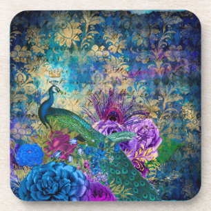 Crowned Peacock on Blue Purple Floral Coaster