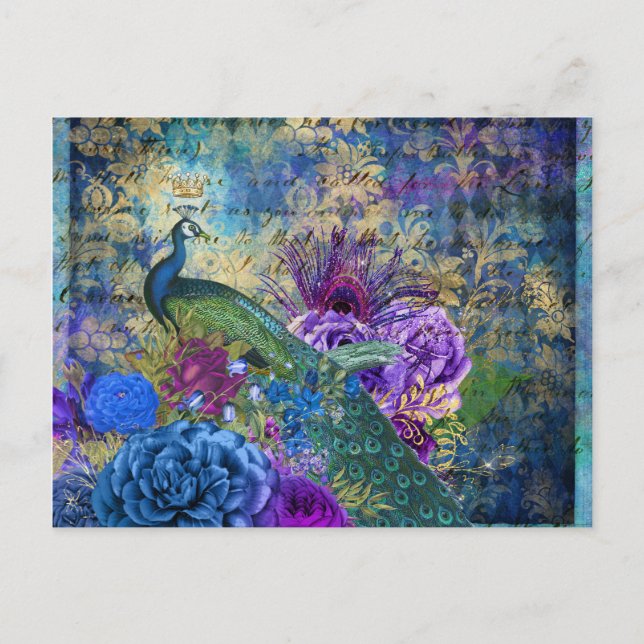 Crowned Peacock on Blue Purple Floral Postcard (Front)