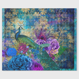 Crowned Peacock on Blue Purple Floral Wrapping Paper