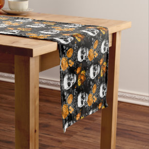 Crowned Skulls with Orange Roses Short Table Runner
