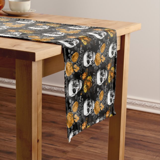 Crowned Skulls with Orange Roses Short Table Runner (In Situ)