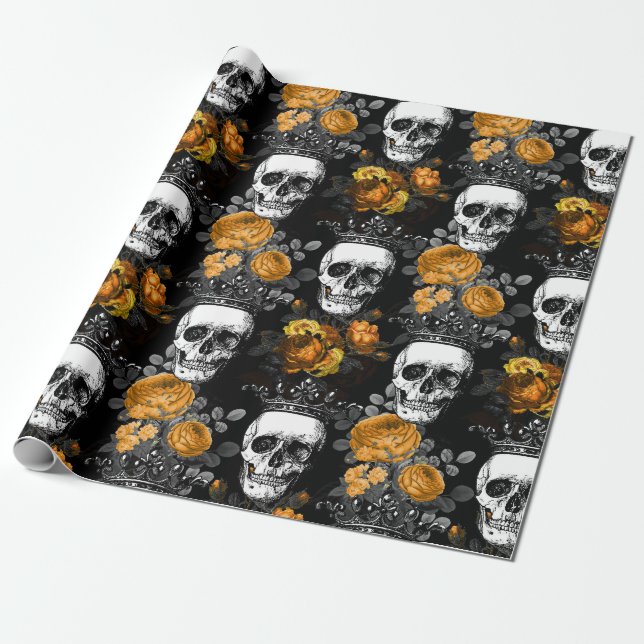 Crowned Skulls with Orange Roses Wrapping Paper (Unrolled)