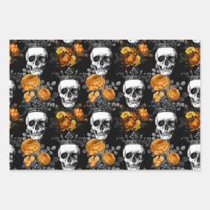 Crowned Skulls with Orange Roses Wrapping Paper Sheet
