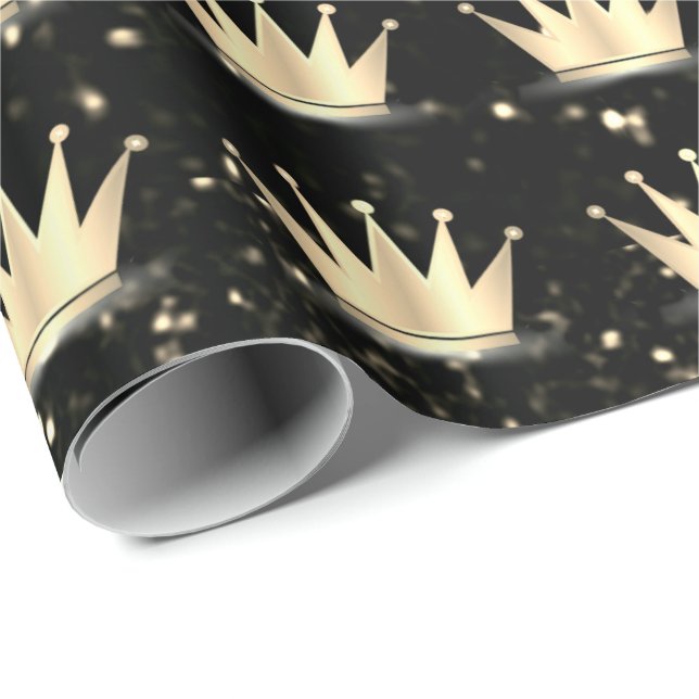 Crowns Glitter Black Sparkly Gold Champaigne Wrapping Paper (Roll Corner)
