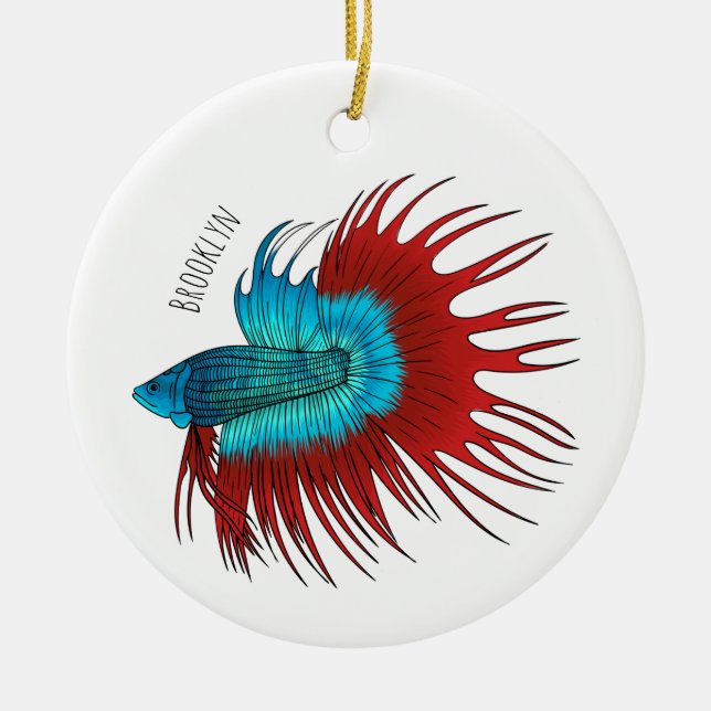 Crowntail betta fish cartoon illustration ceramic ornament (Front)