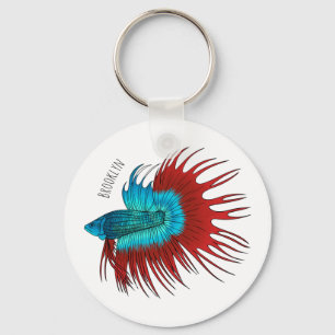Crowntail betta fish cartoon illustration keychain
