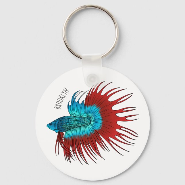 Crowntail betta fish cartoon illustration keychain (Front)
