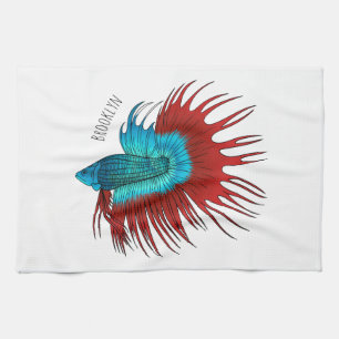 Crowntail betta fish cartoon illustration kitchen towel