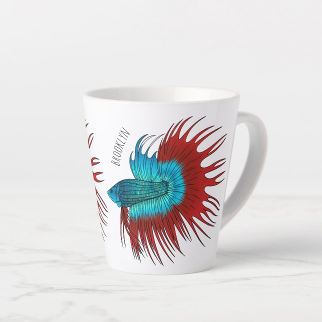 Crowntail betta fish cartoon illustration latte mug (Right Angle)
