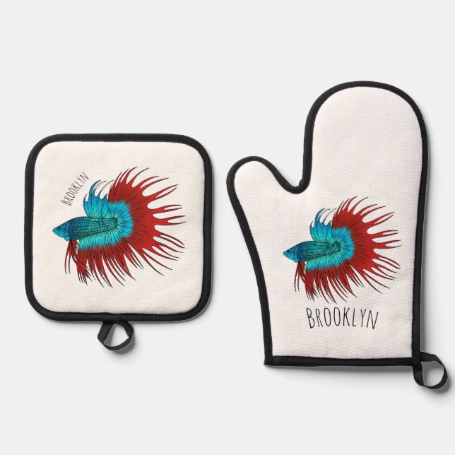Crowntail betta fish cartoon illustration oven mitt & pot holder set (Front)