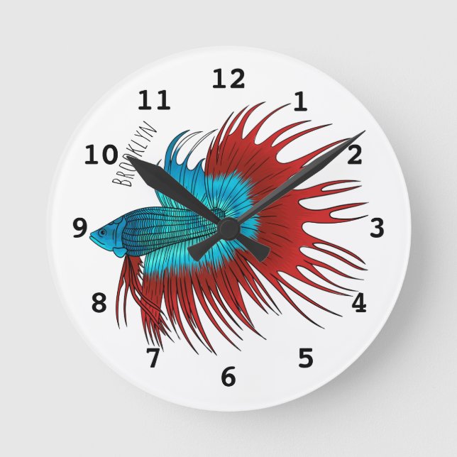 Crowntail Betta fish cartoon illustration Round Clock (Front)