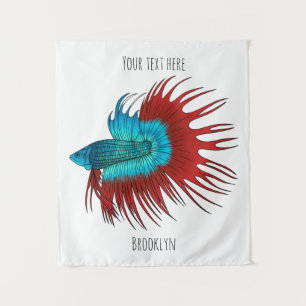 Crowntail betta fish cartoon illustration tapestry