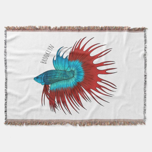 Crowntail betta fish cartoon illustration throw blanket (Front)