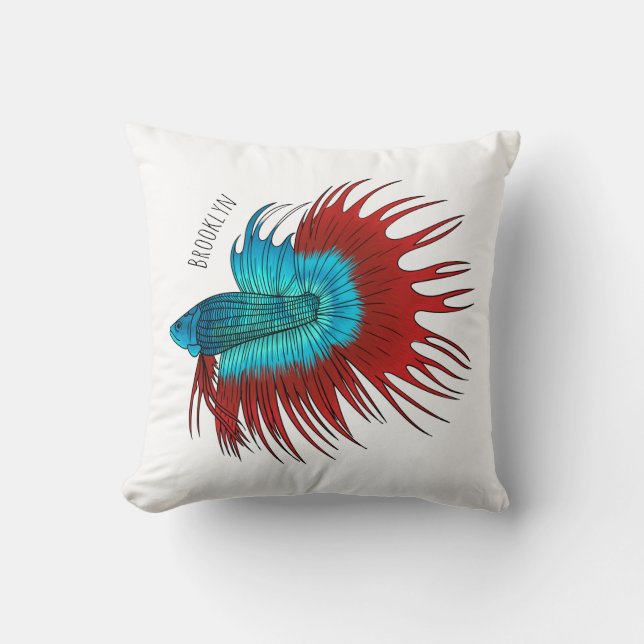 Crowntail betta fish cartoon illustration throw pillow (Front)