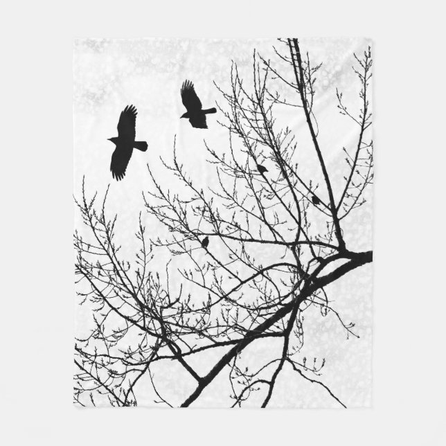 Crows and Trees Black and White Gothic Landscape Fleece Blanket (Front)