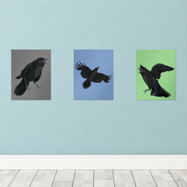 Crows Black Birds Ravens Print Set (Wood Floor)