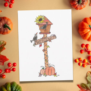 Crows in Autumn Birdhouse Sunflower and Pumpkins Postcard