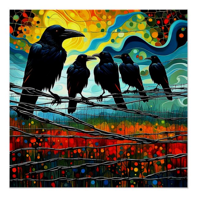 Crows on wire fence 4 poster (Front)