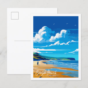 Croyde Beach Devon vintage travel illustration Postcard