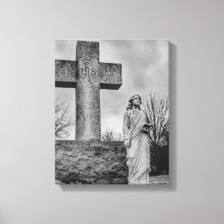 Crucifix and angel in black and white canvas print