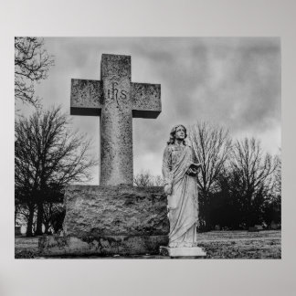 Crucifix and angel in black and white poster