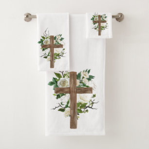 Crucifix and Flowers Bath Towel Set